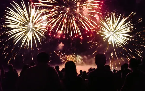 A crowd watches a spectacular fireworks display lighting up the night sky with golden and red bursts, creating a festive and magical atmosphere.
