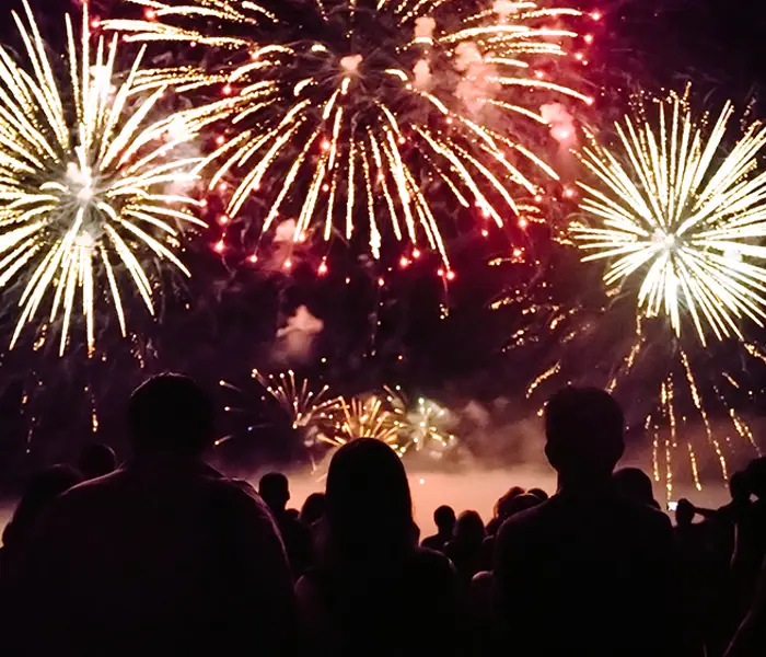 A crowd watches a spectacular fireworks display lighting up the night sky with golden and red bursts, creating a festive and magical atmosphere.