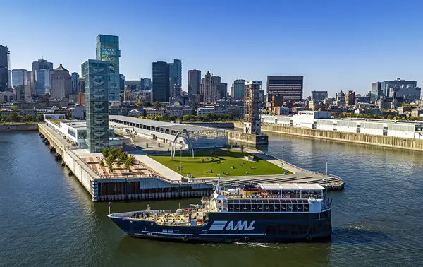 Aerial view of a cruise ship sailing near a modern dock with green spaces and sculptures, surrounded by urban buildings and a river under a clear sky.