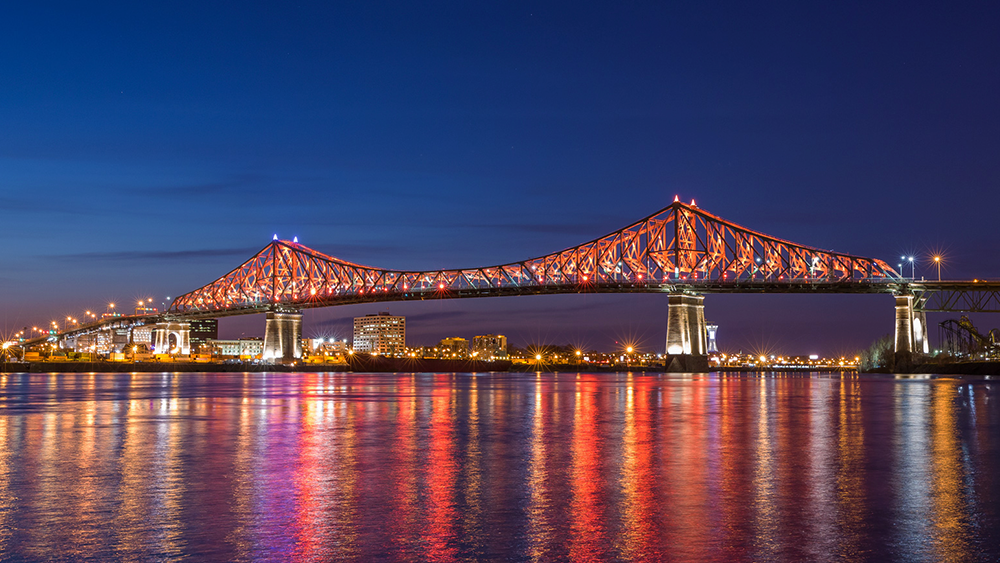 Night view of the Jacques Cartier Bridge in Montreal.