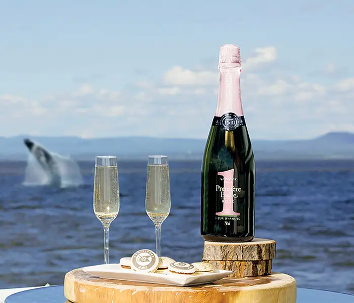 Une bouteille de vin mousseux et deux verres remplis reposent sur un plateau en bois près de l'océan. À proximité, des pâtisseries gourmandes sont disposées. En arrière-plan, une baleine jaillit de l'eau sous un ciel partiellement nuageux.