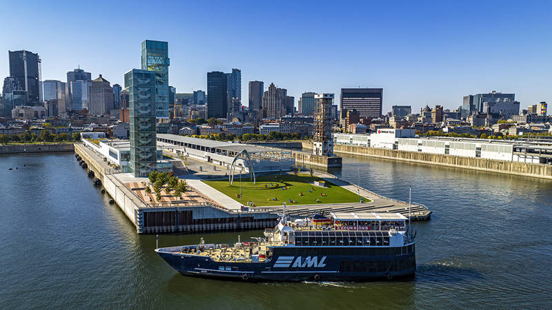 Aerial view of a cruise ship sailing near a modern dock with green spaces and sculptures, surrounded by urban buildings and a river under a clear sky.