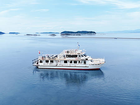 The ship "Vent des Îles" sails peacefully on calm waters surrounded by islands and a light mist on the horizon. The sky is clear and bright, creating a serene atmosphere.