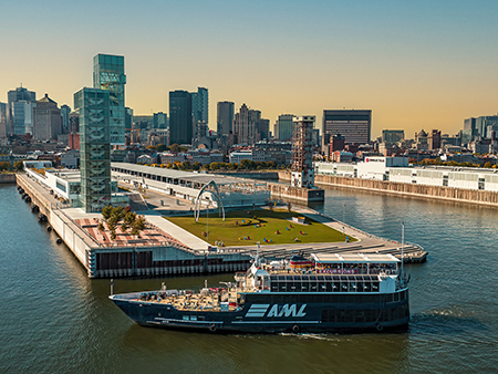 A blue cruise ship with the "AML" logo sails near a modern quay with green spaces, surrounded by the skyscrapers of a city under a clear and sunny sky.