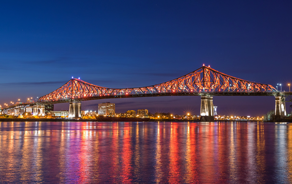Night view of the Jacques Cartier Bridge in Montreal.