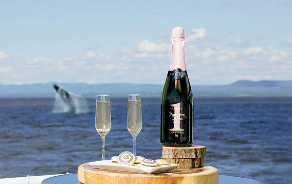 Une bouteille de champagne rosé et deux flûtes remplies sont posées sur une table en bois, accompagnées de bouchées sucrées. En arrière-plan, une baleine saute hors de l'eau dans un paysage de mer, avec des collines lointaines sous un ciel partiellement nuageux.