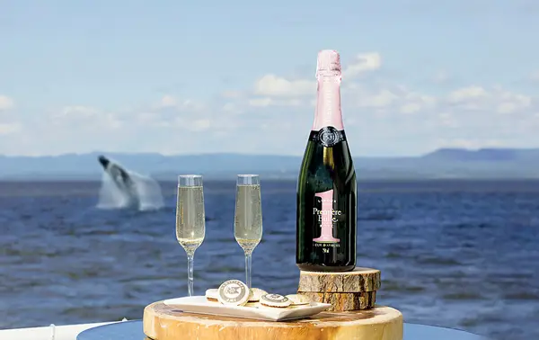 A bottle of rosé champagne and two filled glasses are placed on a wooden table, accompanied by sweet treats. In the background, a whale breaches from the water in a seascape with distant hills under a partly cloudy sky.