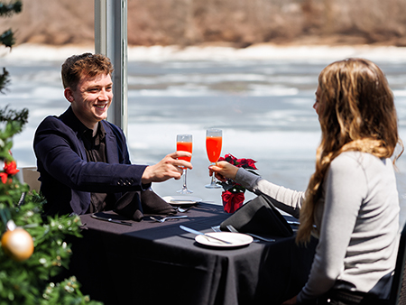 A couple toasts with red cocktails during an elegant meal near a window overlooking a river, with a decorated Christmas tree in the background.