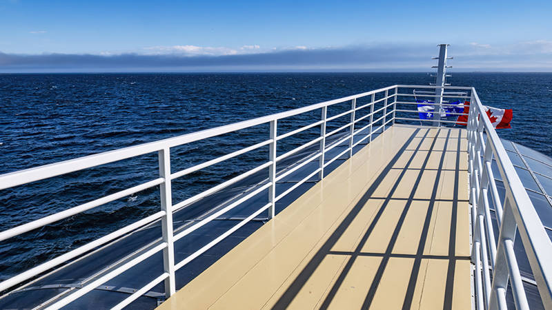 View from the deck of a ship, featuring white railings casting shadows on the beige deck. The vast ocean stretches out under a clear blue sky, with a distant horizon visible. Red and blue life preservers are attached to the railing.