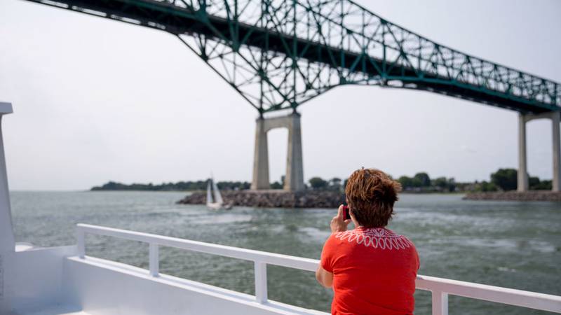 Woman admiring the Laviolette Bridge