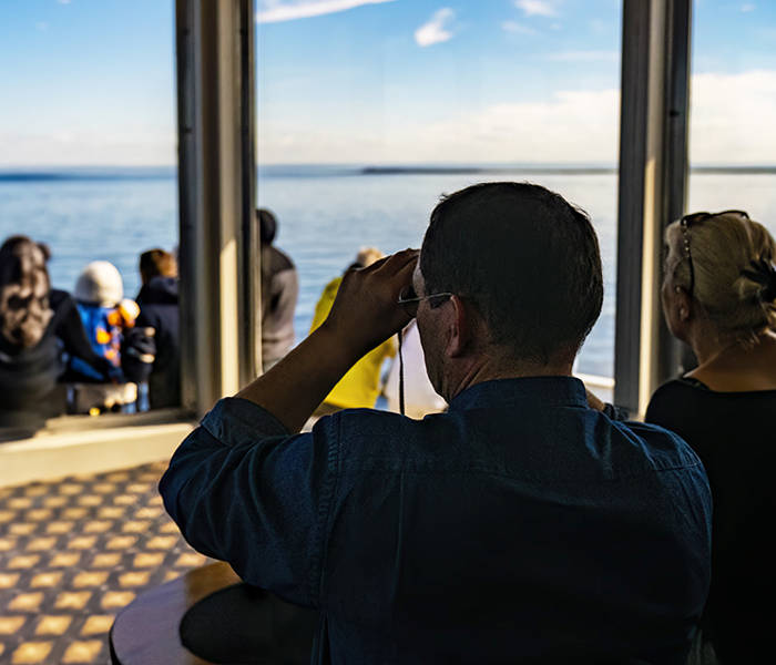 A group of people relax on a boat, viewing a vast, calm ocean. A man in the foreground uses binoculars, while a woman sits beside him. The scene is sunny and serene, with clear blue skies and distant horizons.