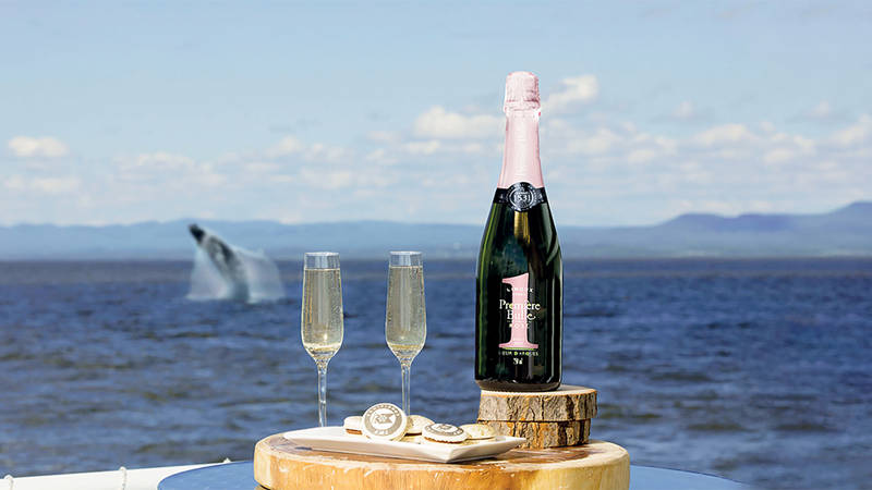 Une bouteille de vin mousseux et deux verres remplis reposent sur un plateau en bois près de l'océan. À proximité, des pâtisseries gourmandes sont disposées. En arrière-plan, une baleine jaillit de l'eau sous un ciel partiellement nuageux.