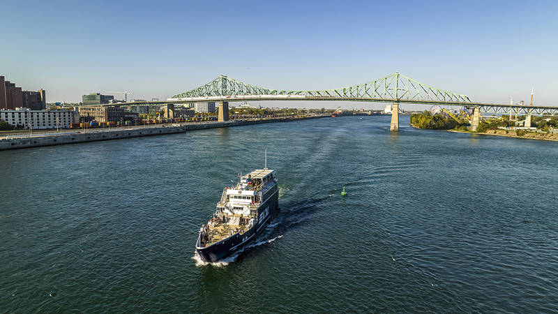 A cruise ship sails on a river beneath a large green bridge, with urban buildings and a clear sky in the background.