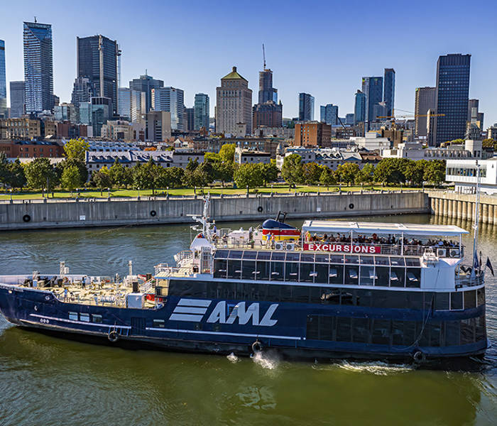 A large black cruise ship with "AML" written on it, sailing on a river. In the background, a Ferris wheel, autumn trees, and urban buildings under a clear blue sky.