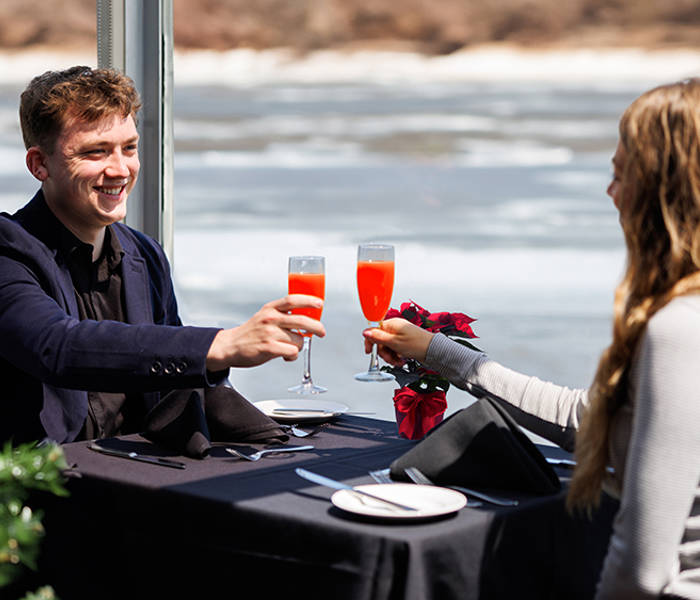 A couple toasts with red cocktails during an elegant meal near a window overlooking a river, with a decorated Christmas tree in the background.