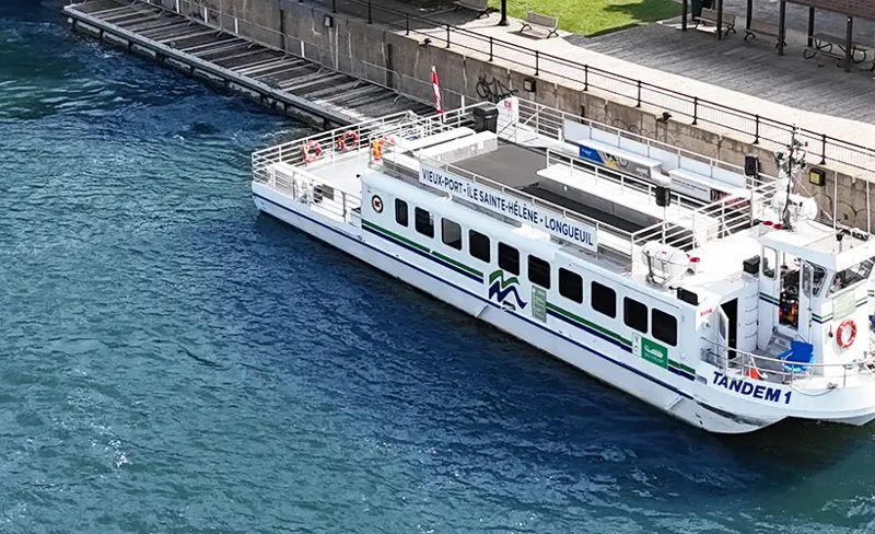 The ship "Tandem" is docked along a quay surrounded by greenery. Trees, a pedestrian pathway, buildings with sloped roofs, and a nearby parking lot are visible. The water is calm, and the scene takes place on a sunny day.